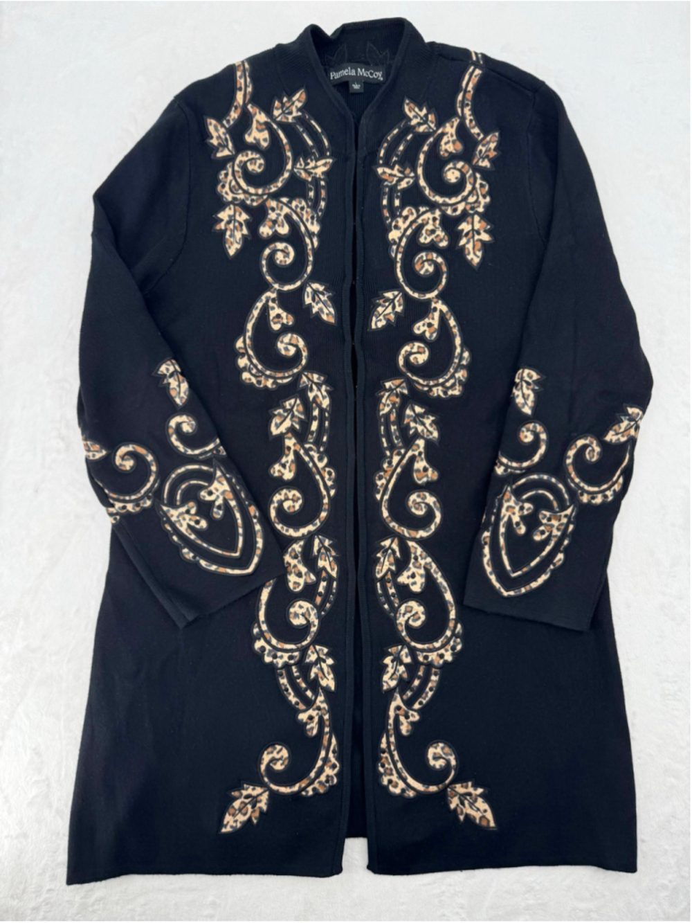 Pamela McCoy Long Black Cardigan Animal Print Scroll Appliques Leopard Mobwife L